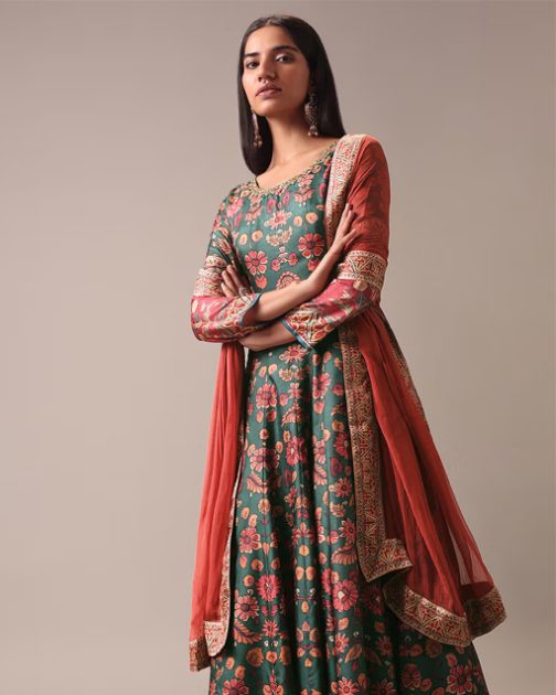 Green Floral Printed Set In Silk - Image 5