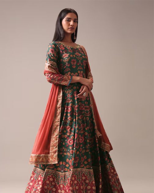 Green Floral Printed Set In Silk - Image 4