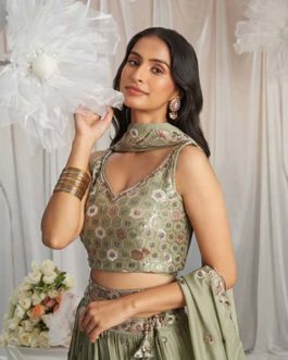 Lime Green Georgette Sequin Lehenga